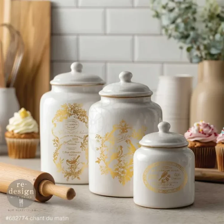 Transfer wodny H2O Gold Prima Chant Du Martin - 2 arkusze . Przykład zastosowanie na ceramicznych słojach.