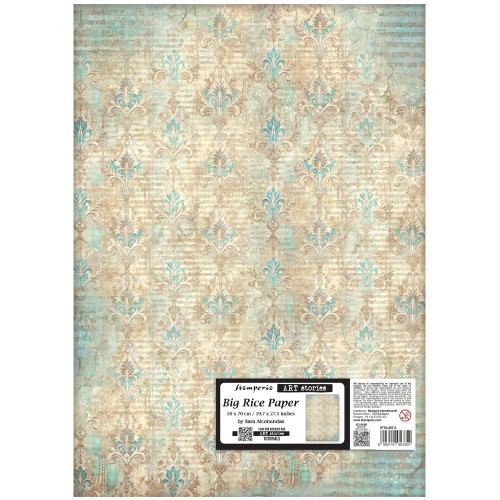 Papier ryżowy Stamperia Symphony z motywem tapety damask  inspirowanej lilią heraldyczną . Format B2, kod  produktu DFSAJB013. Idealny do techniki decoupage oraz projektów mixmedia, handmade i zdobienia mebli.