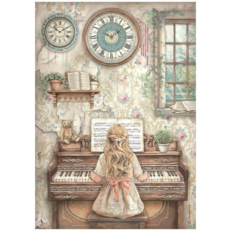 Papier ryżowy Stamperia z kolekcji Symphony z motywem dziewczynki grającej na pianinie w przytulnym wnętrzu w stylu vintage. Format A4, kod produktu DFSA41123. Idealny do techniki decoupage oraz projektów mixmedia, handmade i DIY.