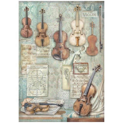 Papier ryżowy Stamperia z kolekcji Symphony to kompozycja złożona z różnych skrzypiec, fragmentów nut, szkiców lutniczych oraz odręcznych zapisków. Format A4, kod produktu DFSA41124. Idealny do techniki decoupage oraz projektów mixmedia, handmade i DIY.