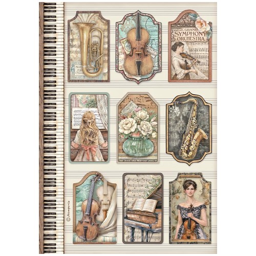 Papier ryżowy Stamperia z kolekcji Symphony przedstawia tagi, etykiety inspirowane muzyką. Format A4, kod produktu DFSA41126. Idealny do techniki decoupage oraz projektów mixmedia, handmade i DIY.