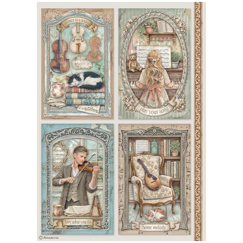 Papier ryżowy Stamperia z kolekcji Symphony przedstawia cztery ilustracje inspirowane światem muzyki, sztuki i domowego ciepła. Format A4, kod produktu DFSA41127. Idealny do techniki decoupage oraz projektów mixmedia, handmade i DIY.