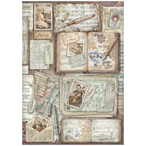 Papier ryżowy Stamperia z kolekcji Symphony przedstawia nuty, zapiski, listy, książki z pamiątkami. Format A4, kod produktu DFSA41128. Idealny do techniki decoupage oraz projektów mixmedia, handmade i DIY.