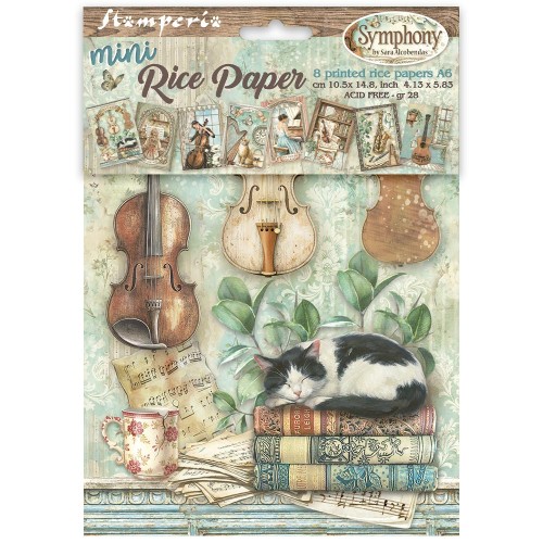Papier ryżowy Stamperia z kolekcji Symphony format A6 (10 x 15 cm). Zestaw zawiera 8 arkuszy, kod produktu DFSA6X07. Idealny do techniki decoupage oraz projektów mixmedia, handmade i DIY.