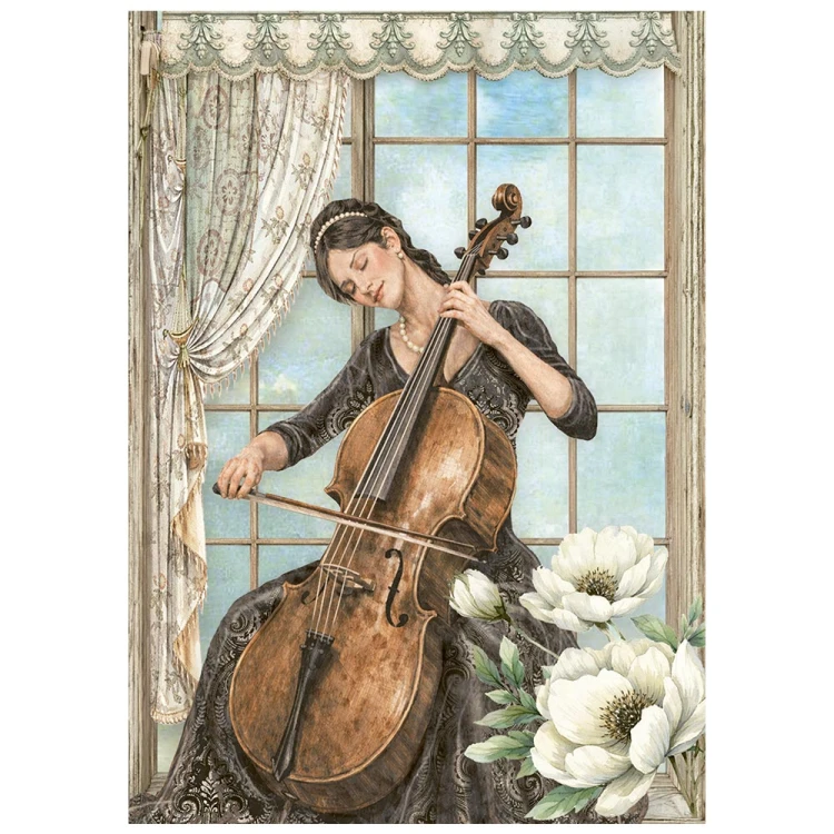 Papier ryżowy A6 Stamperia Symphony DFSA6X07 - zestaw 8 sztuk. Motyw: kobieta grająca na wiolonczeli.
