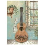 Papier ryżowy A6 Stamperia Symphony DFSA6X07 - zestaw 8 sztuk. Gitara przy oknie.
