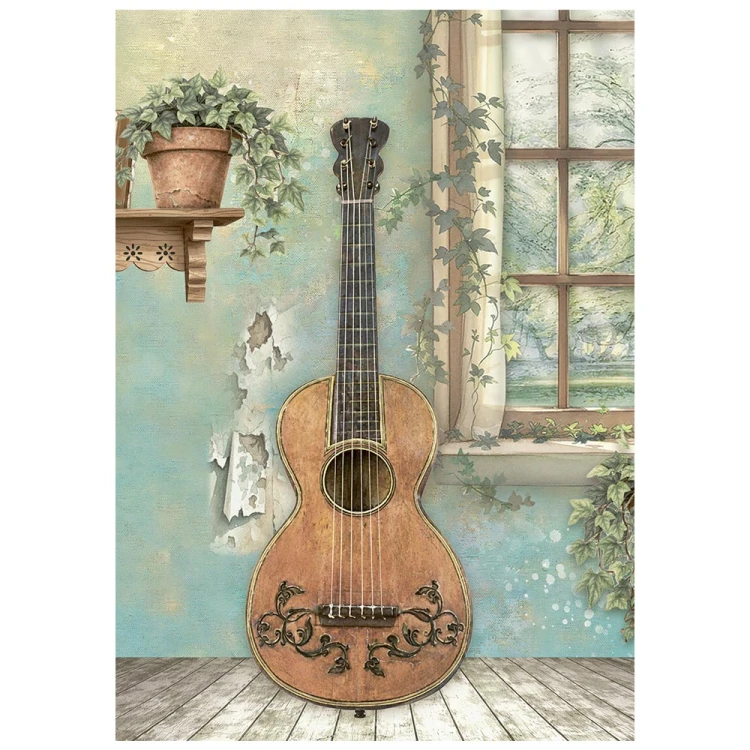Papier ryżowy A6 Stamperia Symphony DFSA6X07 - zestaw 8 sztuk. Gitara przy oknie.