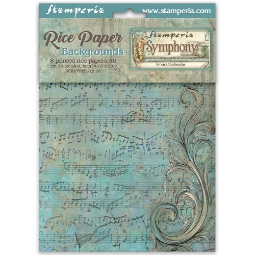 Papier ryżowy Stamperia z kolekcji Symphony, format A6 (10 x 15 cm). Zestaw 8 arkuszy - motywy nut, zapisy muzyczne, rękopisy, ornamenty oraz  akcenty kwiatowe. Kod produktu DFSAK6055. Idealny do techniki decoupage oraz projektów mixmedia, handmade i DIY.