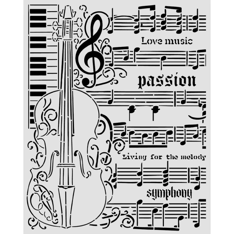Szablon Stamepria z kolekcji  Symphony, wymiary 20x25cm. Zawiera wzór  skrzypiec, pięciolinii z nutami i klawisze fortepianu. Wykonany z giętkiego, przeźroczystego poliestru. Idealny do decoupage, mixmedia, scrapbookingu. Kod producenta  KSTD210.