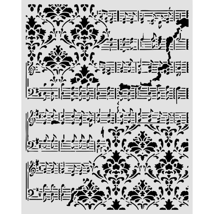 Szablon Stamepria z kolekcji  Symphony, wymiary 20x25cm. Zawiera wzór nut na pięciolinii oraz dekoracyjny wzór damaskowy. Wykonany z giętkiego, przeźroczystego poliestru. Idealny do decoupage, mixmedia, scrapbookingu. Kod producenta  KSTD211.