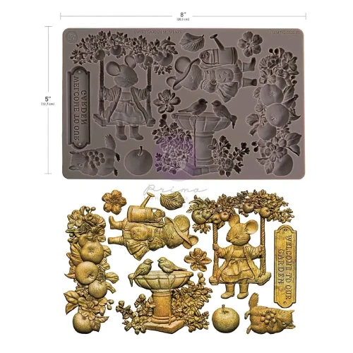Foremka silikonowa do odlewów Re·Design Prima Homegrown Sweet Garden, wymiary 20x13 cm. Motywy: myszka na huśtawce, myszka z konewką, ptaszki przy fontannie, szyld i owocowe gałązki. Do żywicy, glinki i mas papierowych. Atest spożywczy. Kod: 683535.