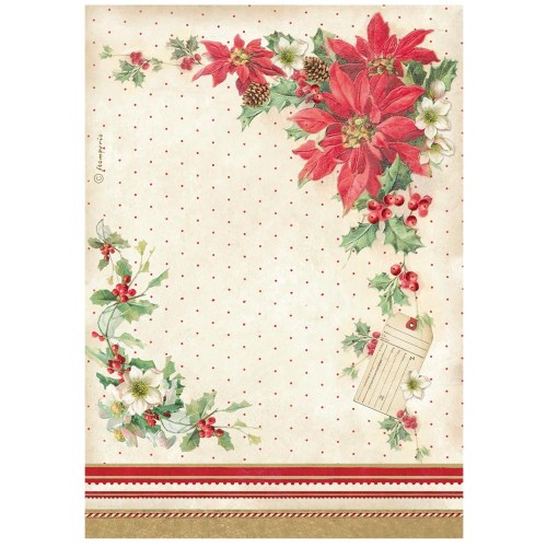 Papier ryżowy Stamperia z kolekcji Classic Christmas zawiera motyw gwiazdy betlejemskiej, gałązki ostrokrzewu na kremowym tle z czerwone kropki. Format A4, kod produktu DFSA41130. Idealny do techniki decoupage oraz projektów mixmedia, handmade i DIY.