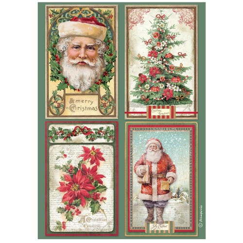 Papier ryżowy Stamperia Classic Chrismtas. Zawiera cztery ilustracje: Świętego Mikołaja, choinkę oraz gwiazdę betlejemską i ostrokrzew. Format A4, kod produktu DFSA41132. Idealny do techniki decoupage oraz projektów mixmedia, handmade i DIY.