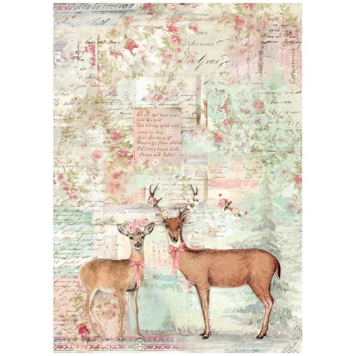 Papier ryżowy Stamperia Winter Magic. Zawiera motyw jelenia i sarny z kwiatowymi wiankami na tle róż, odręcznego pisma oraz elementów vintage. Format A4, kod produktu DFSA41133. Idealny do techniki decoupage oraz projektów mixmedia, handmade i DIY.