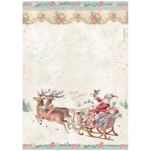 Papier ryżowy Stamperia Winter Magic. Zawiera motyw Świętego Mikołaja w bogato zdobionych saniach z reniferami na śnieżnym tle. Format A4, kod produktu DFSA41134. Idealny do techniki decoupage oraz projektów mixmedia, handmade i DIY.