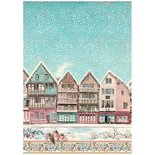 Papier ryżowy Stamperia Winter Magic. Zawiera motyw pastelowych kamieniczek, padający śnieg i dwa ptaszki.  Format A4, kod produktu DFSA41135. Idealny do techniki decoupage oraz projektów mixmedia, handmade i DIY.