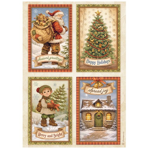 Papier ryżowy Stamperia Silent Night. Zawiera cztery ilustracje - Święty Mikołaj, choinkę, dziecko z choinką oraz domek otulony śniegiem. Format A4, kod produktu DFSA41137. Idealny do techniki decoupage oraz projektów mixmedia, handmade i DIY.