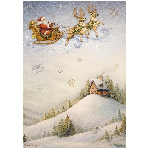 Papier ryżowy Stamperia Silent Night. Święty Mikołaj w saniach z reniferami, nad śnieżną krainą. Format A4, kod produktu DFSA41139. Idealny do techniki decoupage oraz projektów mixmedia, handmade i DIY.