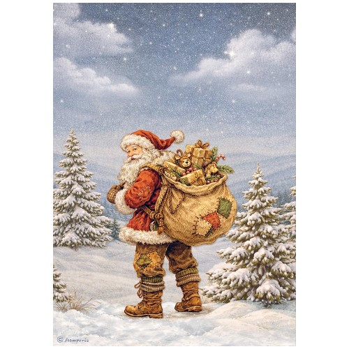 Papier ryżowy Stamperia Silent Night. Zawiera motyw Świętego Mikołaja z workiem prezentów w zimowej scenerii.. Format A4, kod produktu DFSA41141. Idealny do techniki decoupage oraz projektów mixmedia, handmade i DIY.