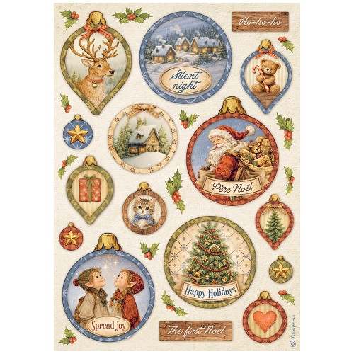 Papier ryżowy Stamperia Silent Night. Zawiera motyw bombek, medalionów ze świątecznymi wzorami. Format A4, kod produktu DFSA41142. Idealny do techniki decoupage oraz projektów mixmedia, handmade i DIY.