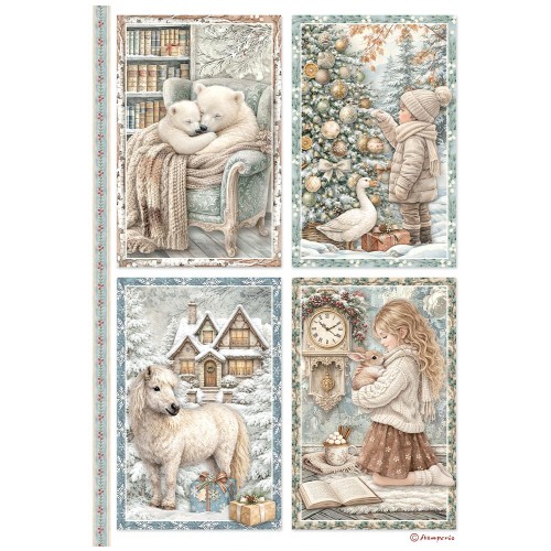 Papier ryżowy Stamperia White Christmas.  Wzór to cztery ilustracje przedstawiające scenki świąteczne. Format A4, kod produktu DFSA41147. Idealny do techniki decoupage oraz projektów mixmedia, handmade i DIY.