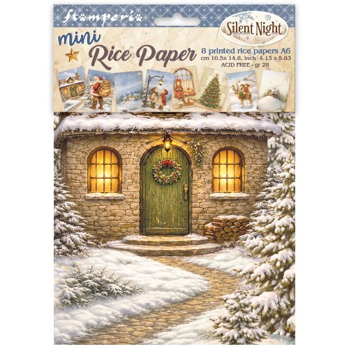 Papier ryżowy Stamperia z kolekcji Silent Night format A6 (10 x 15 cm). Zestaw zawiera 8 arkuszy, kod produktu DFSA6X09. Idealny do techniki decoupage oraz projektów mixmedia, handmade i DIY.