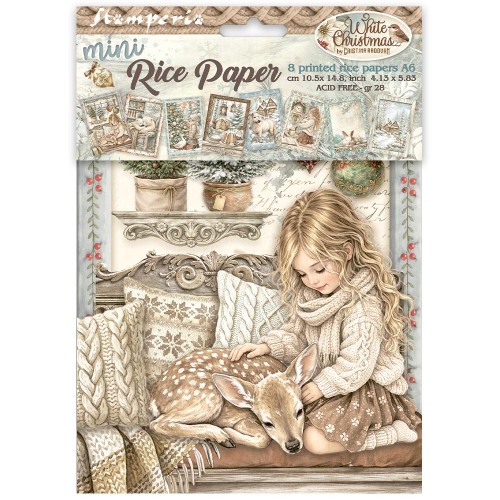Papier ryżowy Stamperia z kolekcji White Christmas format A6 (10 x 15 cm). Zestaw zawiera 8 arkuszy, kod produktu DFSA6X10. Idealny do techniki decoupage oraz projektów mixmedia, handmade i DIY.