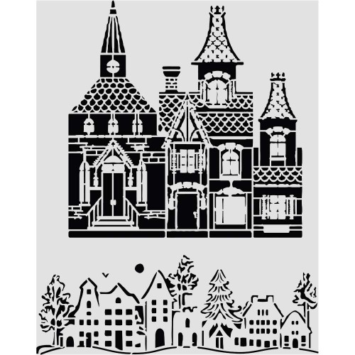 Szablon Stamepria z kolekcji Classic Christmas, wymiary 20x25cm. Motwy to fasady kamienic oraz nastrojową panoramę zimowego miasteczka. Wykonany z giętkiego poliestru. Idealny do decoupage, mixmedia, scrapbookingu. Kod producenta  KSTD216.