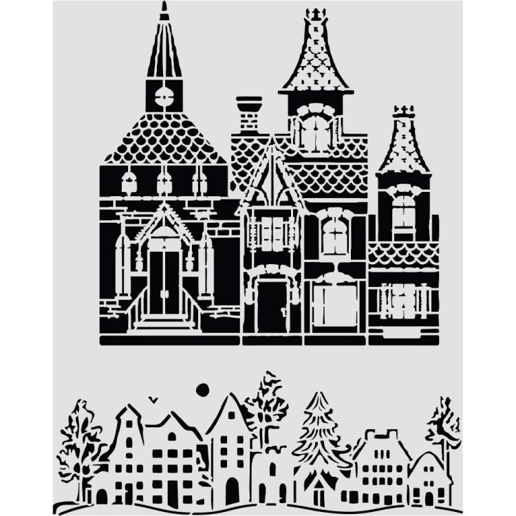 Szablon Stamepria z kolekcji Classic Christmas, wymiary 20x25cm. Motwy to fasady kamienic oraz nastrojową panoramę zimowego miasteczka. Wykonany z giętkiego poliestru. Idealny do decoupage, mixmedia, scrapbookingu. Kod producenta  KSTD216.