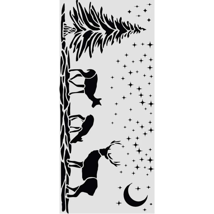 Szablon marki Stamepria z kolekcji Classic Christmas wymiary 12x25cm. Motyw jelenia, dwie łanie, niebo i księżyc. Wykonany z giętkiego, elastycznego, przeźroczystego poliestru. Idealny do decoupage,  mixmedia, scrapbookingu. Kod producenta  KSTDL169.