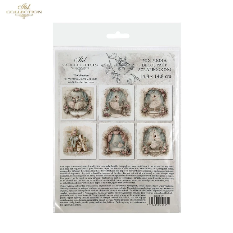 Papier ryżowy mini ITD Collection, zestaw 6 sztuk. Grafiki przedstawiają tancerki baletowe, baletki oraz dekoracyjne sceny inspirowane klasycznym tańcem. Bogato zdobione ramy, zwiewne kurtyny, pastelowe róże i delikatne świąteczne akcenty.