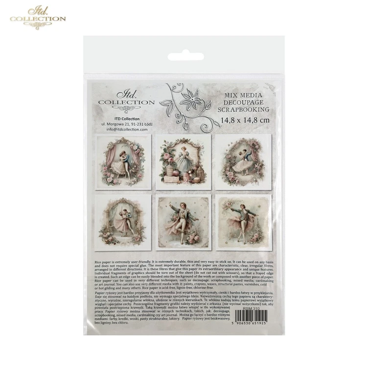 Papier ryżowy mini ITD Collection, zestaw 6 sztuk. Grafiki przedstawiają subtelne sceny taneczne, baletowe pary, dworskich tancerzy oraz kompozycje pełne róż i pastelowych dekoracji. Kod RSM310