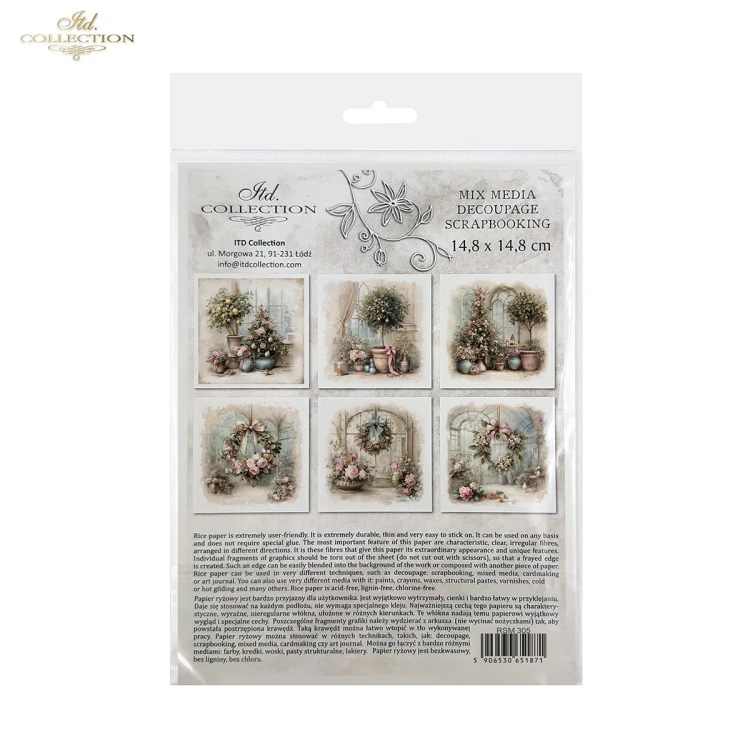 Papier ryżowy mini ITD Collection RSM305, zestaw 6 sztuk, wymiar arkusza 14,8x14,8cm. Ilustracje przedstawiają kompozycje kwiatowe, wianki, drzewka owocowe, aranżacje w oranżerii i przy stylowych oknach.