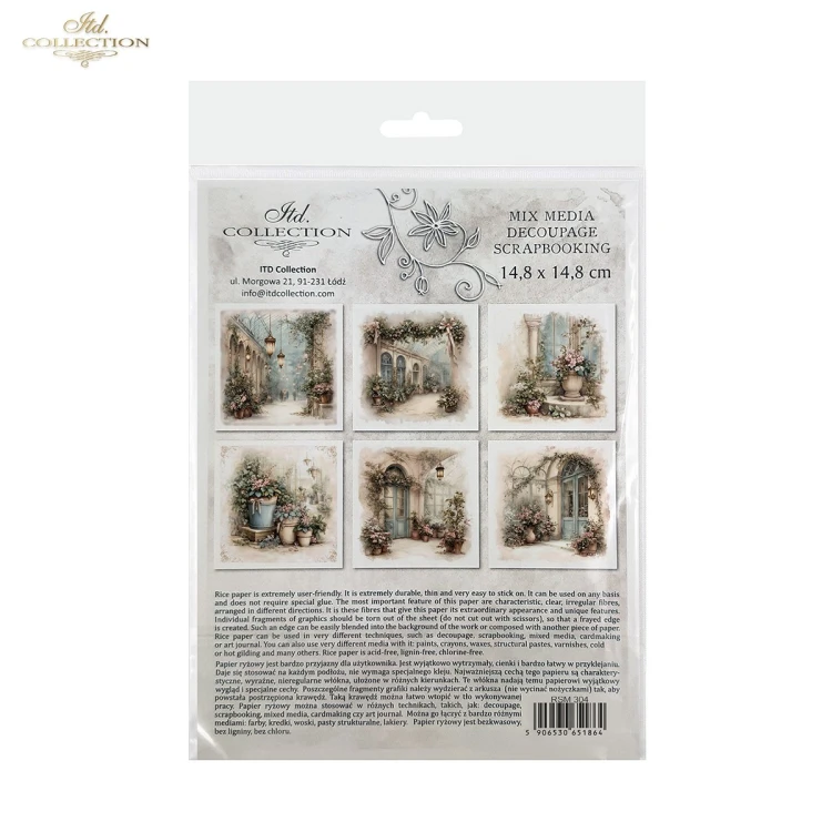 Papier ryżowy mini ITD Collection RSM304, zestaw 6 sztuk z harmonijnie dobranymi grafikami, wymiar arkusza 14,8x14,8cm. Motywy: dekoracyjne drzwi, okna, kwiaty, stylowe donice z kwiatami,  oranżerie i ogrodowe pasaże.