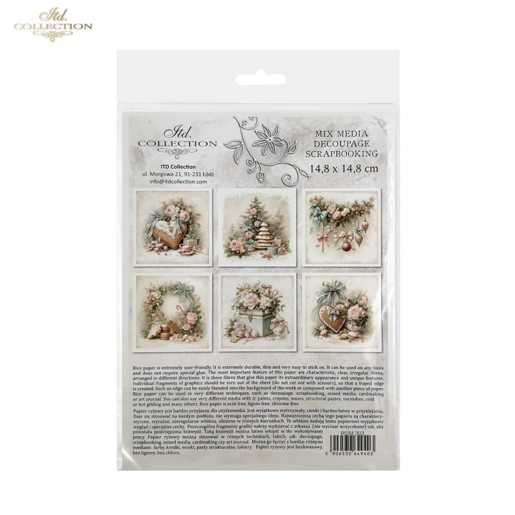 Papier ryżowy mini ITD Collection RSM303, zestaw 6 sztuk z harmonijnie dobranymi grafikami, wymiar arkusza 14,8x14,8cm. Motywy: piernikowe serca, bombki, świąteczny wianek, kwiaty, girlandy, choinka z pierniczków, prezenty.