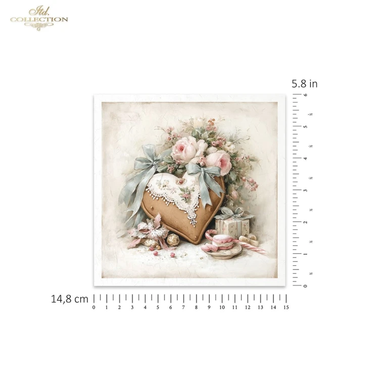 Papiery ryżowe mini ITD RSM303 - zestaw 6 sztuk, piernikowe serce, kwiaty, prezenty, kokarda