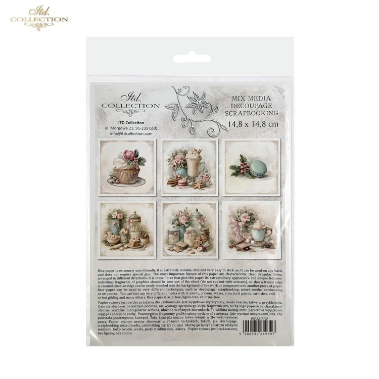 Papier ryżowy mini ITD Collection RSM303, zestaw 6 sztuk, wymiar arkusza 14,8x14,8cm. Motywy: babeczka z kremem i różą, filiżanki, pierniczki, ciasteczka, cukrowe laski, słoje ze słodkościami. Idealny do decoupage, mixmedia i projektów DIY.