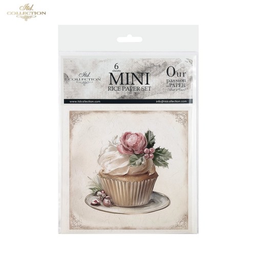 Papier ryżowy mini ITD Collection RSM303, zestaw 6 sztuk, wymiar arkusza 14,8x14,8cm. Motywy: babeczka z kremem i różą, filiżanki, pierniczki, ciasteczka, cukrowe laski, słoje ze słodkościami. Idealny do decoupage, mixmedia i projektów DIY.