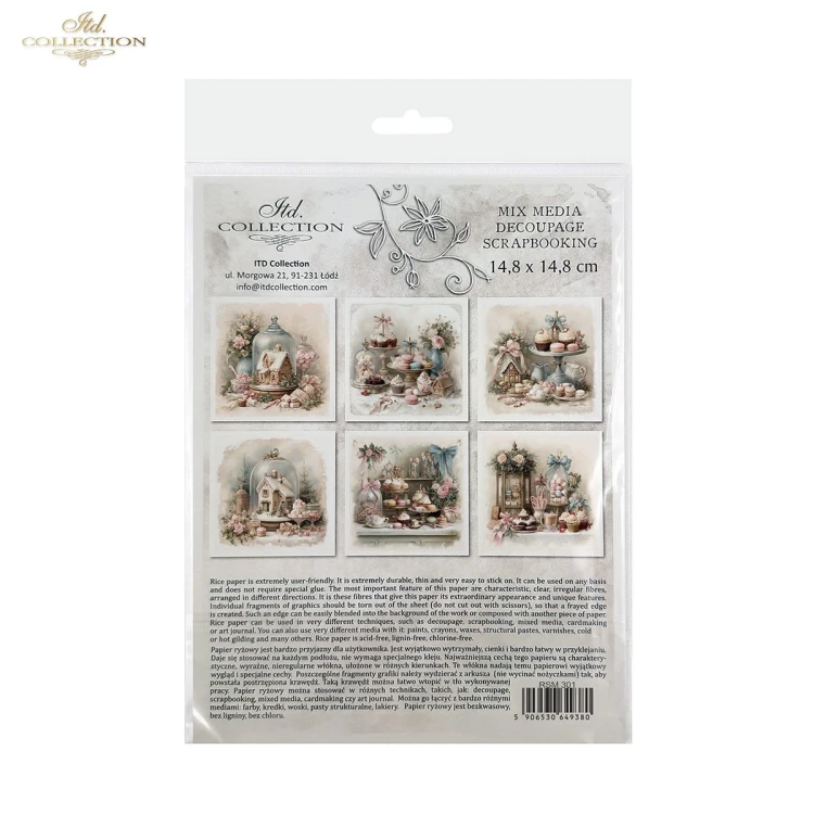 Papier ryżowy mini ITD Collection RSM301, zestaw 6 sztuk z harmonijnie dobranymi grafikami, wymiar arkusza 14,8x14,8cm. Motywy: babeczka z kremem i różą, filiżanki, pierniczki, ciasteczka, cukrowe laski, słoje ze słodkościami.