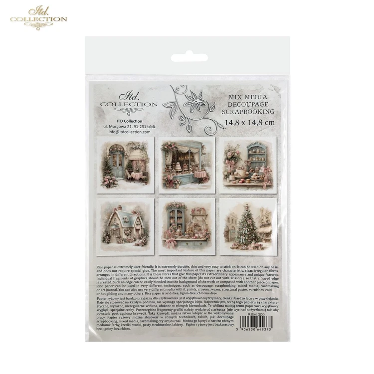 Papier ryżowy mini ITD Collection RSM300, zestaw 6 sztuk, wymiar arkusza 14,8x14,8cm. Motywy: kawiarenki, cukiernie, babeczki, ciastka, słodycze, choinka, kokardy. Idealny do decoupage, mixmedia i projektów DIY.