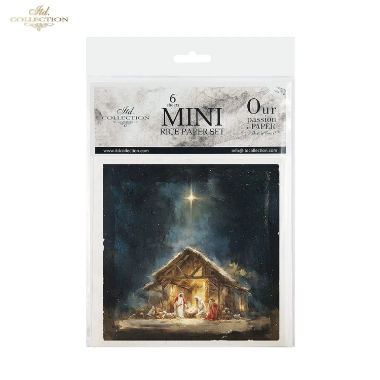 Papier ryżowy mini ITD Collection RSM299, zestaw 6 sztuk, wymiar arkusza 14,8x14,8cm. Motywy: stajenki, Święta Rodzina przy żłóbku, pasterze, owce, nocne nieb0 rozświetlone Gwiazdą Betlejemską. Idealny do decoupage, mixmedia i projektów DIY.