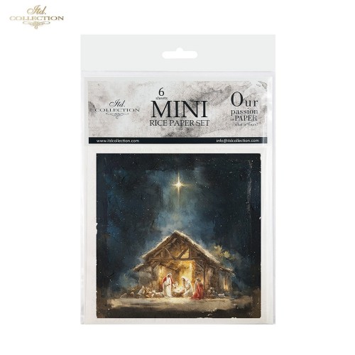 Papier ryżowy mini ITD Collection RSM299, zestaw 6 sztuk, wymiar arkusza 14,8x14,8cm. Motywy: Święta Rodzina przy żłóbku, pasterze, owce, nocne niebo rozświetlone Gwiazdą Betlejemską. Idealny do decoupage, mixmedia i projektów DIY.