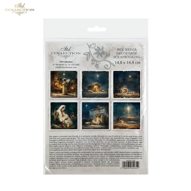 Papier ryżowy mini ITD Collection RSM299, zestaw 6 sztuk, wymiar arkusza 14,8x14,8cm. Motywy: Święta Rodzina przy żłóbku, pasterze, owce, nocne niebo rozświetlone Gwiazdą Betlejemską. Idealny do decoupage, mixmedia i projektów DIY.