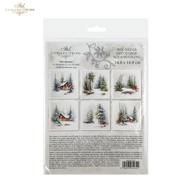 Papier ryżowy mini ITD Collection RSM297, zestaw 6 sztuk, wymiar arkusza 14,8x14,8cm. Motywy: zimowe pejzaże z ośnieżonymi świerkami, brzozami, leśnymi ścieżkami oraz przytulnymi drewnianymi chatkami oprószonymi śniegiem.
