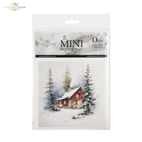 Papier ryżowy mini ITD Collection RSM297, zestaw 6 sztuk, wymiar arkusza 14,8x14,8cm. Motywy: leśne zimowe widoki, ośnieżone drzewa i chatki. Idealny do decoupage, mixmedia i projektów DIY.