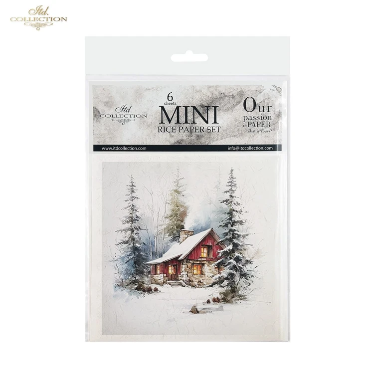 Papier ryżowy mini ITD Collection RSM297, zestaw 6 sztuk, wymiar arkusza 14,8x14,8cm. Motywy: leśne zimowe widoki, ośnieżone drzewa i chatki. Idealny do decoupage, mixmedia i projektów DIY.