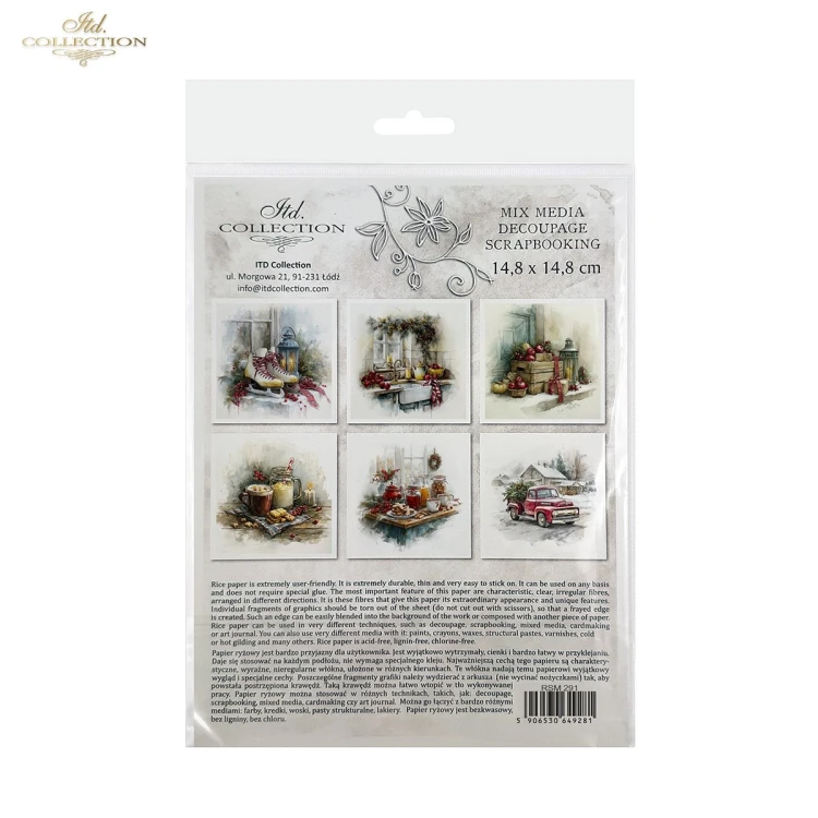 Papier ryżowy mini ITD Collection RSM291, zestaw 6 sztuk, wymiar arkusza 14,8x14,8cm. Motywy: sceny inspirowane wiejskim i rustykalnym stylem - czerwony samochód z choinką, świąteczna kuchnia, łyżwy, skrzynki z owocami, gorące napoje, domowe przetwory.