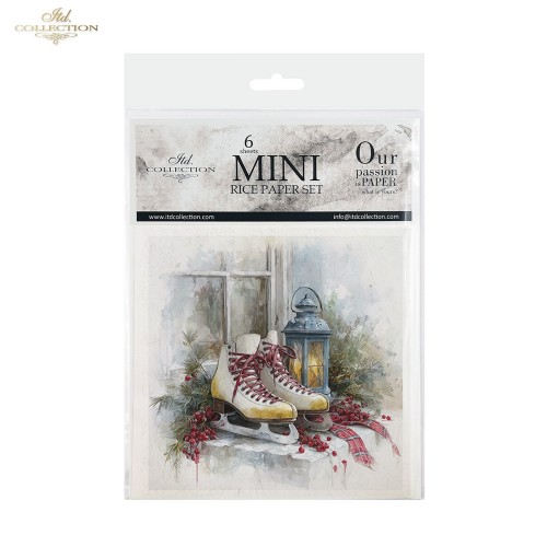 Papier ryżowy mini ITD Collection RSM291, zestaw 6 sztuk, wymiar arkusza 14,8x14,8cm. Motywy: czerwony samochód z choinką, świąteczna kuchnia, łyżwy, skrzynki z owocami, gorące napoje oraz domowe przetwory. Idealny do decoupage, mixmedia i projektów DIY.