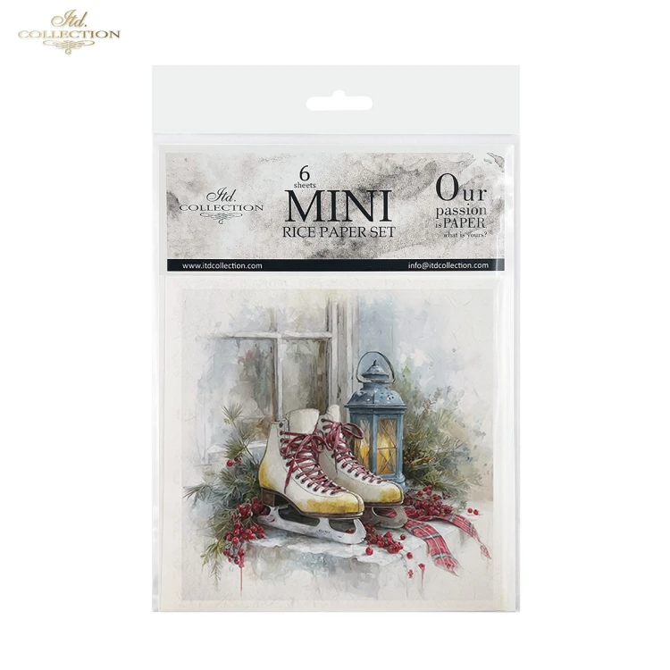 Papier ryżowy mini ITD Collection RSM291, zestaw 6 sztuk, wymiar arkusza 14,8x14,8cm. Motywy: czerwony samochód z choinką, świąteczna kuchnia, łyżwy, skrzynki z owocami, gorące napoje oraz domowe przetwory. Idealny do decoupage, mixmedia i projektów DIY.