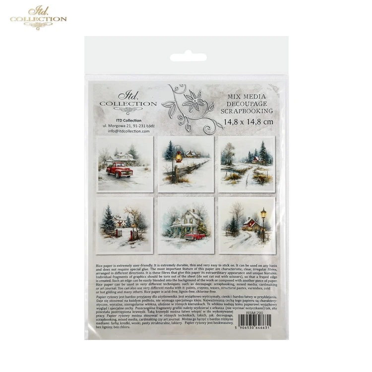 Papier ryżowy mini ITD Collection RSM290, zestaw 6 sztuk, wymiar arkusza 14,8x14,8cm. Motywy: domki otulone śniegiem, wiejskie drogi, drewniane ogrodzenia, latarnie oraz czerwone klasyczne samochody.